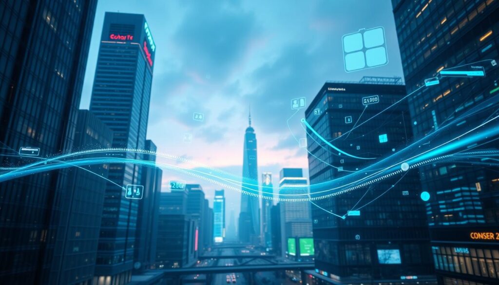 A futuristic cityscape with towering skyscrapers and sleek, contemporary architecture. In the foreground, a holographic display showcases the transformation of traditional currencies into a digital, blockchain-based Central Bank Digital Currency (CBDC) system. Ethereal blue and green hues illuminate the scene, creating a sense of technological advancement and innovation. Floating data visualizations and transaction flows weave through the air, symbolizing the seamless integration of CBDC into the urban landscape. The background features a dynamic, neon-lit skyline, conveying the vibrant, fast-paced nature of the evolving financial ecosystem. Dramatic low-angle lighting and a cinematic depth of field enhance the immersive, awe-inspiring atmosphere.