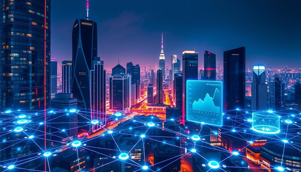 A futuristic cityscape with towering skyscrapers and sleek, modern architecture. In the foreground, a seamless network of data streams flow between blockchain-powered interfaces, represented by glowing, interconnected nodes. The middle ground features holographic displays showcasing AI-driven analytics, while in the background, a vibrant, neon-lit cityscape bathes the scene in an atmospheric glow. The overall composition conveys a sense of technological innovation, dynamic interoperability, and the convergence of AI and blockchain solutions.