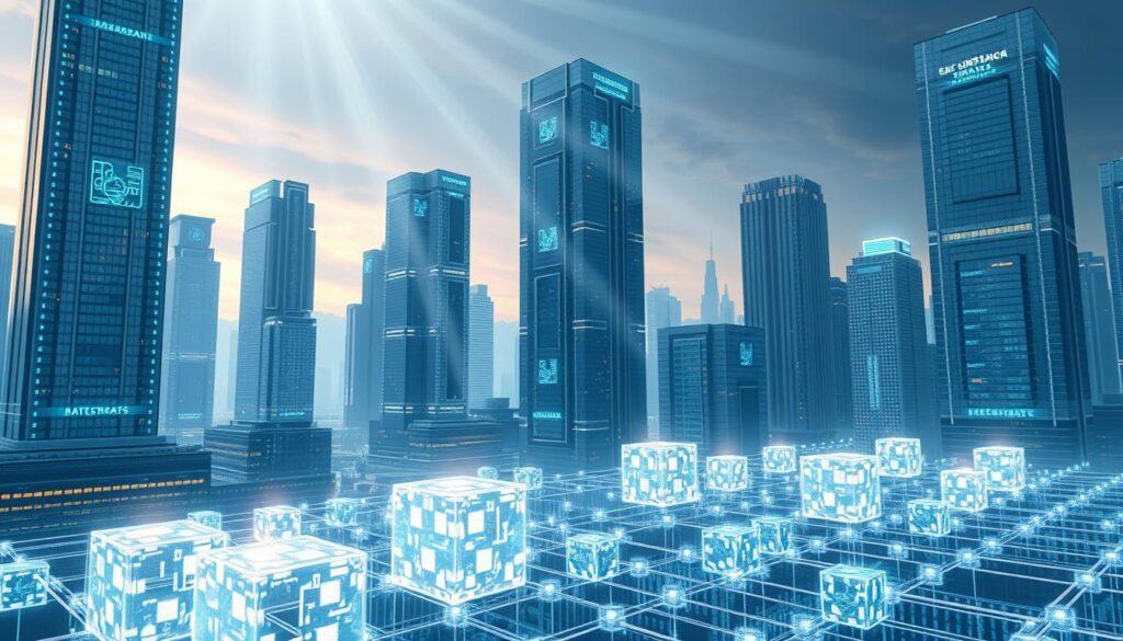 A futuristic cityscape with towering skyscrapers, their facades adorned with holographic interfaces and embedded blockchain nodes. In the foreground, a cluster of smart contracts shimmering with digital signatures, secured by complex cryptographic algorithms. The middle ground features a network of interconnected ledgers, visualized as transparent cubes pulsing with transactional data. Beams of light from above cast a cool, ethereal glow, highlighting the seamless integration of these immutable records into the urban landscape. The overall mood is one of technological sophistication and data-driven trust, conveying the power of smart contracts to enable secure, transparent transactions. A futuristic cityscape with towering skyscrapers, their facades adorned with holographic interfaces and embedded blockchain nodes. In the foreground, a cluster of smart contracts shimmering with digital signatures, secured by complex cryptographic algorithms. The middle ground features a network of interconnected ledgers, visualized as transparent cubes pulsing with transactional data. Beams of light from above cast a cool, ethereal glow, highlighting the seamless integration of these immutable records into the urban landscape. The overall mood is one of technological sophistication and data-driven trust, conveying the power of smart contracts to enable secure, transparent transactions.