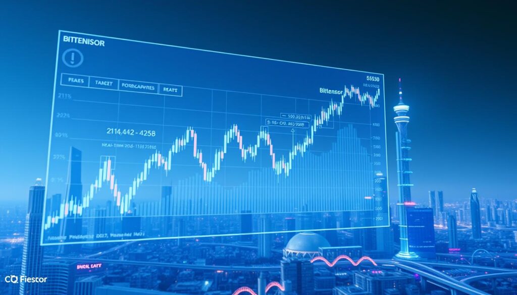 A futuristic, data-driven visualization of the near-term price trajectory for Bittensor cryptocurrency. In the foreground, a holographic chart pulsates with real-time price movements, overlaid with predictive indicators and forecasts. The middle ground features a sleek, minimalist interface with analytical tools and data visualizations. In the background, a cityscape of towering skyscrapers and advanced infrastructure sets the scene, hinting at the broader technological and economic landscape shaping the cryptocurrency market. The lighting is crisp and clean, with strategic use of blues and purples to convey a sense of innovation and technological progress. The overall mood is one of data-driven clarity and forward-thinking analysis regarding the near-term price path of Bittensor.