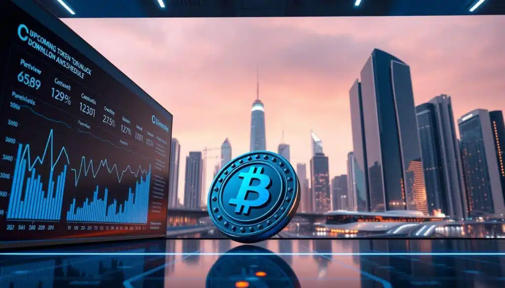 A futuristic data visualization dashboard showcasing an overview of upcoming token unlock schedules, set against a backdrop of a sleek, minimalist cityscape. In the foreground, a series of interactive graphs and charts display the token unlock data in a clear, easy-to-digest format. The middle ground features a 3D model of a cryptocurrency token, slowly rotating to provide a detailed view. In the background, a low-angle shot captures the skyline of a modern, technologically advanced city, with towering skyscrapers and a vibrant, neon-lit atmosphere. The lighting is a combination of cool, blue-toned directional lighting and warm, ambient lighting, creating a visually striking and informative composition.