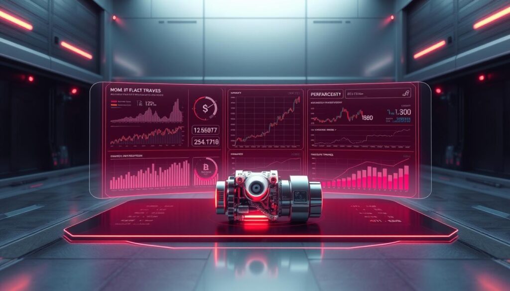 A futuristic data visualization dashboard showing a detailed backtesting analysis of cryptocurrency trading strategies. The foreground features a sleek, holographic display with interactive charts, graphs, and performance metrics. The middle ground showcases a 3D model of a cryptocurrency trading bot, its inner workings visible through a transparent casing. The background depicts a minimalist, techno-industrial environment with metallic textures, subtle neon accents, and a moody, low-key lighting scheme that creates a sense of depth and atmosphere. The overall scene conveys a balanced blend of technological sophistication, analytical precision, and the thrill of quantitative finance.