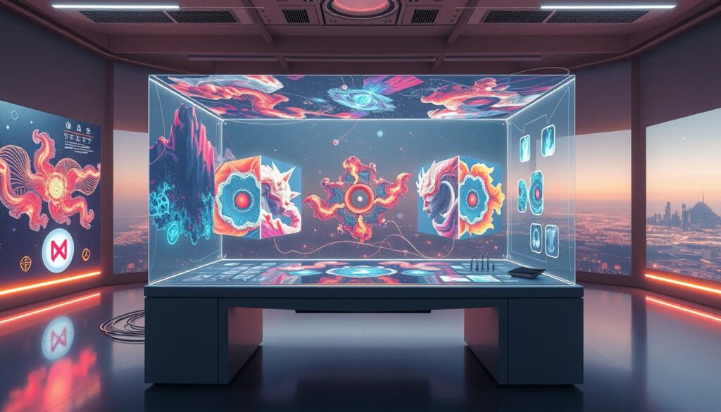A futuristic digital art studio, with a large holographic display showcasing intricate AI-generated imagery. The foreground features a sleek, minimalist workstation with advanced input devices and a floating, touch-sensitive control panel. The middle ground is a breathtaking display of colorful, abstract digital art pieces, each one a unique masterpiece created by the latest AI art generation technology. The background is a vast, immersive virtual environment with a hint of a cityscape in the distance, bathed in a warm, diffused lighting that creates a sense of depth and atmosphere. The overall scene conveys a harmonious blend of cutting-edge technology, artistic expression, and the boundless potential of AI-powered creativity.