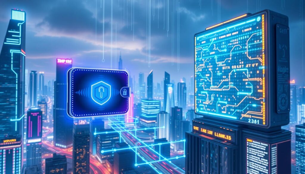 A futuristic digital cityscape, with neon-lit skyscrapers and glowing holographic displays. In the foreground, a secure digital wallet interface hovers, its sleek design and advanced encryption protocols symbolizing the safeguarding of digital assets. In the middle ground, a network of blockchain-powered transaction channels criss-cross the urban landscape, representing the secure transfer of digital valuables. The background features a towering, data-driven security firewall, its luminous panels and intricate circuitry conveying the robust protection of the digital realm. The overall atmosphere is one of technological sophistication, cutting-edge security, and the seamless integration of digital and physical worlds.