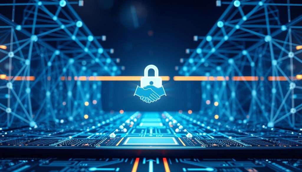 A futuristic digital identity verification system, with a blockchain-powered authentication process in the foreground. In the middle ground, a secure handshake between two avatars, symbolizing the secure exchange of sensitive information. The background showcases a networked architecture, with nodes and interconnected pathways, representing the distributed nature of the permissioned blockchain. Subtle hues of blues and grays create a sleek, high-tech atmosphere, accentuating the advanced technology at work. Soft lighting casts a warm glow, conveying a sense of trust and reliability in the enterprise-grade identity solution. A futuristic digital identity verification system, with a blockchain-powered authentication process in the foreground. In the middle ground, a secure handshake between two avatars, symbolizing the secure exchange of sensitive information. The background showcases a networked architecture, with nodes and interconnected pathways, representing the distributed nature of the permissioned blockchain. Subtle hues of blues and grays create a sleek, high-tech atmosphere, accentuating the advanced technology at work. Soft lighting casts a warm glow, conveying a sense of trust and reliability in the enterprise-grade identity solution.