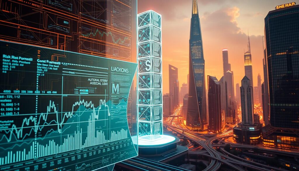 A futuristic digital landscape, where intricate blockchain networks and smart contracts intertwine to form an automated risk control system. In the foreground, a transparent glass display showcases a series of dynamic financial graphs and risk parameters, their data streams flowing seamlessly. The middle ground features a towering holographic tower, its luminous panels displaying complex algorithmic visualizations. In the background, a cityscape of gleaming skyscrapers and neon-lit streets sets the stage, hinting at the larger technological ecosystem that enables this advanced risk management solution. Warm lighting casts a sense of security and innovation, while subtle hues of blue and green evoke the precision and fluidity of the system. The overall atmosphere conveys a harmonious balance between human financial needs and the power of autonomous, blockchain-powered risk control. A futuristic digital landscape, where intricate blockchain networks and smart contracts intertwine to form an automated risk control system. In the foreground, a transparent glass display showcases a series of dynamic financial graphs and risk parameters, their data streams flowing seamlessly. The middle ground features a towering holographic tower, its luminous panels displaying complex algorithmic visualizations. In the background, a cityscape of gleaming skyscrapers and neon-lit streets sets the stage, hinting at the larger technological ecosystem that enables this advanced risk management solution. Warm lighting casts a sense of security and innovation, while subtle hues of blue and green evoke the precision and fluidity of the system. The overall atmosphere conveys a harmonious balance between human financial needs and the power of autonomous, blockchain-powered risk control.