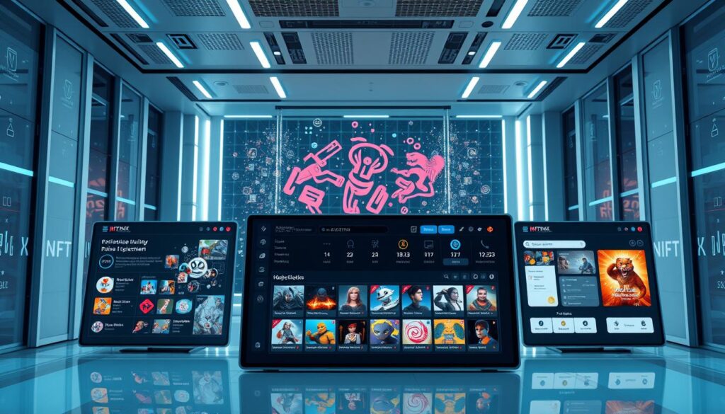 A futuristic digital marketplace with various NFT platforms showcased in a clean, minimalist interface. The foreground features a central display with NFT thumbnails and analytics, while the background depicts a sleek, technologically-advanced environment with subtle grid patterns and holographic elements. The lighting is soft and diffused, creating a sense of elegance and professionalism. The overall tone is one of innovation, organization, and efficiency, reflecting the nuances of navigating secondary sales on leading NFT marketplaces. A futuristic digital marketplace with various NFT platforms showcased in a clean, minimalist interface. The foreground features a central display with NFT thumbnails and analytics, while the background depicts a sleek, technologically-advanced environment with subtle grid patterns and holographic elements. The lighting is soft and diffused, creating a sense of elegance and professionalism. The overall tone is one of innovation, organization, and efficiency, reflecting the nuances of navigating secondary sales on leading NFT marketplaces.