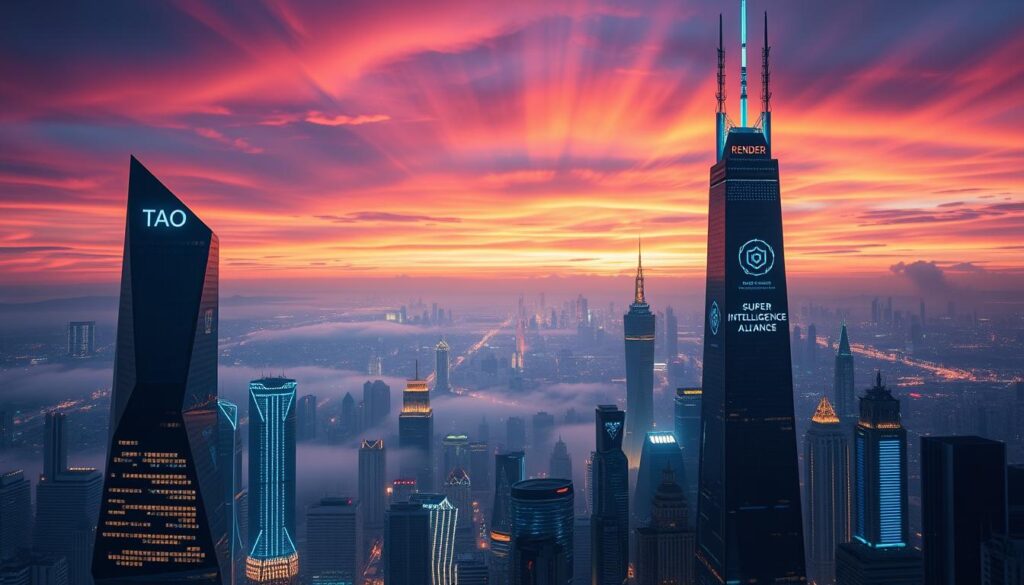 A futuristic, high-resolution cityscape at dusk, illuminated by holographic displays and glowing neon signs. In the foreground, three towering structures representing the leading cryptocurrency projects TAO, RENDER, and the Superintelligence Alliance, their sleek, angular designs reflecting the advanced technology they embody. Hazy layers of skyscrapers recede into the distance, creating a sense of depth and scale. The sky is painted in vivid shades of orange and purple, with beams of light piercing through the clouds. The overall atmosphere is one of technological innovation, power, and the shaping of a new digital frontier.