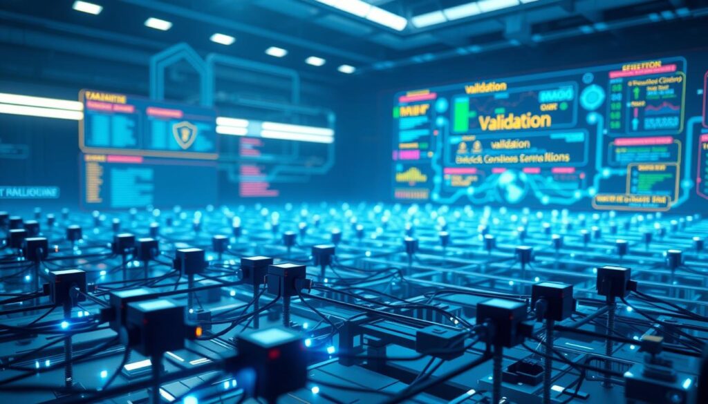 A futuristic, high-tech scene depicting the validation process of transactions on a blockchain network. In the foreground, a group of validator nodes, glowing with an ethereal blue light, meticulously verifying and validating a stream of digital transactions. The middle ground showcases a complex, three-dimensional grid of interconnected nodes, pulsing with real-time data. In the background, a vast, holographic display showcases the overall network status, with colorful visualizations of block confirmations, consensus algorithms, and security protocols. The scene is illuminated by a soft, diffused lighting, creating an atmosphere of precision, security, and technological prowess.