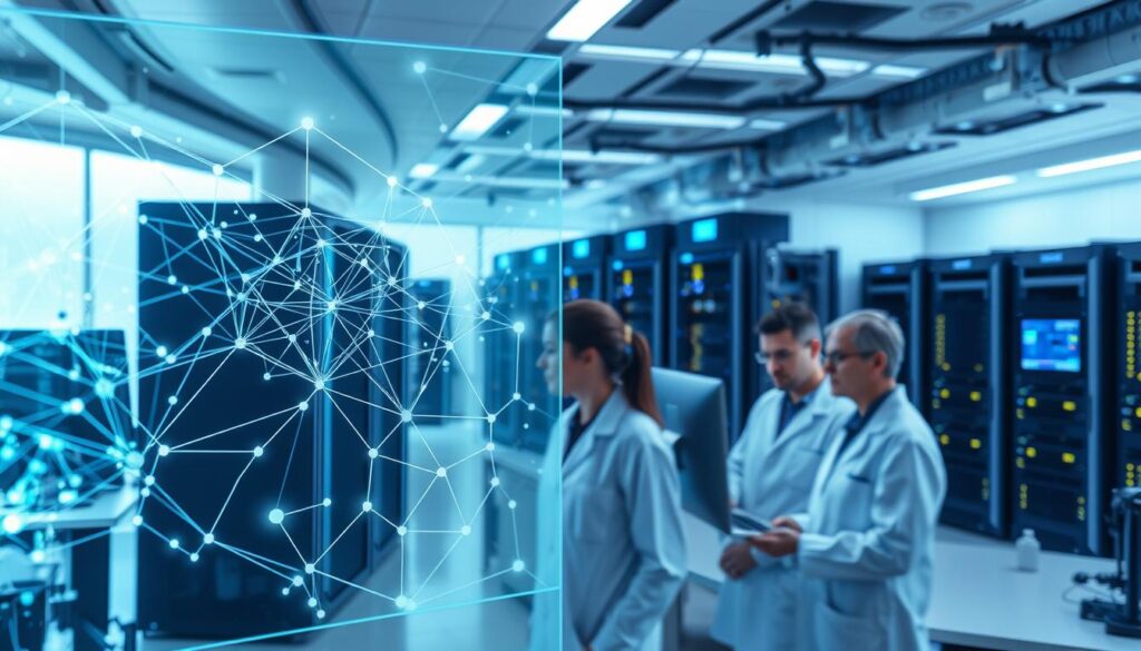 A futuristic laboratory setting with a sleek, high-tech atmosphere. In the foreground, a holographic display showcases complex machine learning algorithms, their intricate lines and shapes pulsing with energy. In the middle ground, a team of researchers in white coats analyze the data, their faces illuminated by the glow of computer monitors. In the background, towering server racks and advanced computing equipment hum with the power of next-generation AI technology. Soft, cool-toned lighting casts an ethereal glow, while the composition emphasizes the intersection of human expertise and cutting-edge machine learning capabilities. A futuristic laboratory setting with a sleek, high-tech atmosphere. In the foreground, a holographic display showcases complex machine learning algorithms, their intricate lines and shapes pulsing with energy. In the middle ground, a team of researchers in white coats analyze the data, their faces illuminated by the glow of computer monitors. In the background, towering server racks and advanced computing equipment hum with the power of next-generation AI technology. Soft, cool-toned lighting casts an ethereal glow, while the composition emphasizes the intersection of human expertise and cutting-edge machine learning capabilities.