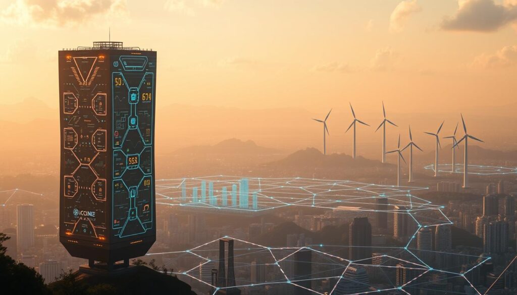 A futuristic landscape depicting the evolution of blockchain technology. In the foreground, a sleek, streamlined blockchain node towers above a bustling cityscape, its intricate circuitry glowing with an ethereal energy. In the middle ground, a network of interconnected holographic screens displays data visualizations, showcasing the scalability and transparency of the distributed ledger system. Towering in the background, a series of wind turbines and solar panels symbolize the shift towards renewable energy sources, addressing the energy concerns surrounding blockchain. The scene is illuminated by a warm, diffused light, creating a sense of optimism and progress, hinting at the regulatory advancements that will shape the future of this transformative technology. A futuristic landscape depicting the evolution of blockchain technology. In the foreground, a sleek, streamlined blockchain node towers above a bustling cityscape, its intricate circuitry glowing with an ethereal energy. In the middle ground, a network of interconnected holographic screens displays data visualizations, showcasing the scalability and transparency of the distributed ledger system. Towering in the background, a series of wind turbines and solar panels symbolize the shift towards renewable energy sources, addressing the energy concerns surrounding blockchain. The scene is illuminated by a warm, diffused light, creating a sense of optimism and progress, hinting at the regulatory advancements that will shape the future of this transformative technology.