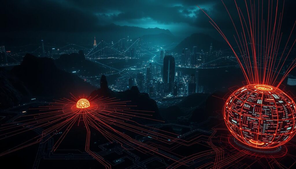A futuristic landscape of intricate code paths and symbolic abstractions. In the foreground, a glowing sphere representing a symbolic execution engine, its rays of energy tracing dynamic program flow. The middle ground features a complex three-dimensional lattice, visualizing the interplay of variables and control structures. The background is a moody, neon-lit cityscape, hinting at the real-world applications of these advanced analysis techniques. Dramatic chiaroscuro lighting casts sharp shadows, conveying the precision and power of formal methods. The scene is captured through a wide-angle lens, emphasizing the grand scale and interconnectedness of this symbolic world.