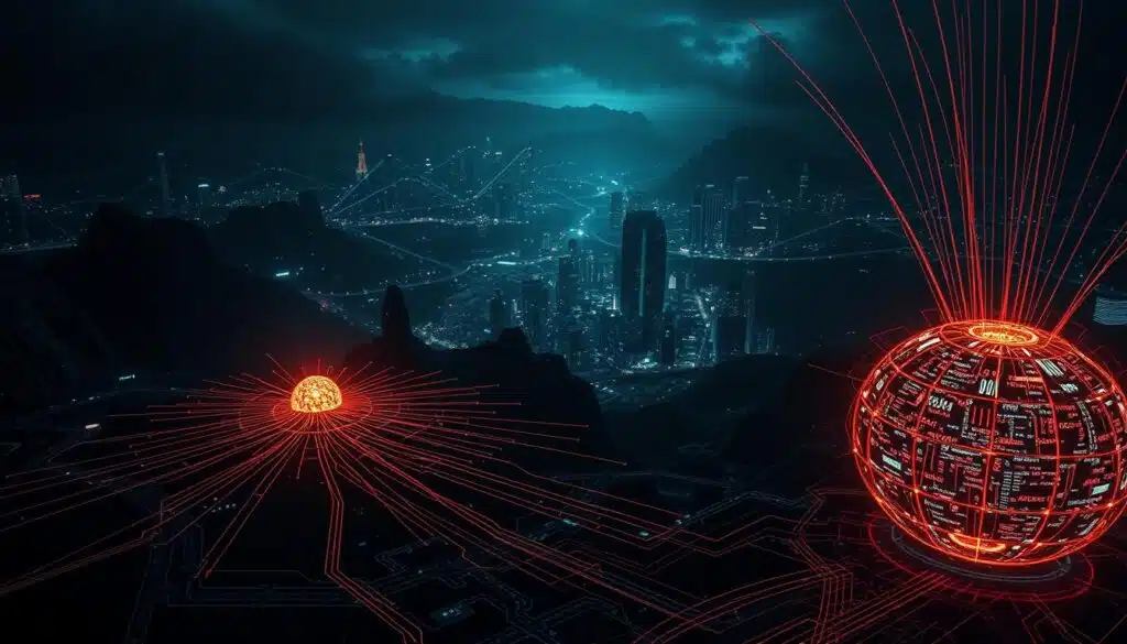 A futuristic landscape of intricate code paths and symbolic abstractions. In the foreground, a glowing sphere representing a symbolic execution engine, its rays of energy tracing dynamic program flow. The middle ground features a complex three-dimensional lattice, visualizing the interplay of variables and control structures. The background is a moody, neon-lit cityscape, hinting at the real-world applications of these advanced analysis techniques. Dramatic chiaroscuro lighting casts sharp shadows, conveying the precision and power of formal methods. The scene is captured through a wide-angle lens, emphasizing the grand scale and interconnectedness of this symbolic world. A futuristic landscape of intricate code paths and symbolic abstractions. In the foreground, a glowing sphere representing a symbolic execution engine, its rays of energy tracing dynamic program flow. The middle ground features a complex three-dimensional lattice, visualizing the interplay of variables and control structures. The background is a moody, neon-lit cityscape, hinting at the real-world applications of these advanced analysis techniques. Dramatic chiaroscuro lighting casts sharp shadows, conveying the precision and power of formal methods. The scene is captured through a wide-angle lens, emphasizing the grand scale and interconnectedness of this symbolic world.
