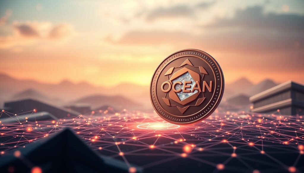 A futuristic rendering of the Ocean Protocol network, showcasing the OCEAN token as the central element. The foreground features a sleek, stylized OCEAN token in metallic hues, with a glowing, holographic core. The middle ground depicts a interconnected mesh of nodes and data streams, representing the secure, decentralized data marketplace. In the background, an abstract landscape of geometric shapes and fluid digital patterns evokes the sense of a vast, intelligent ecosystem. Warm, diffused lighting casts a serene, ethereal glow over the entire scene, highlighting the harmony and transparency of the OCEAN protocol. The overall aesthetic is one of technological sophistication, community empowerment, and environmental sustainability.