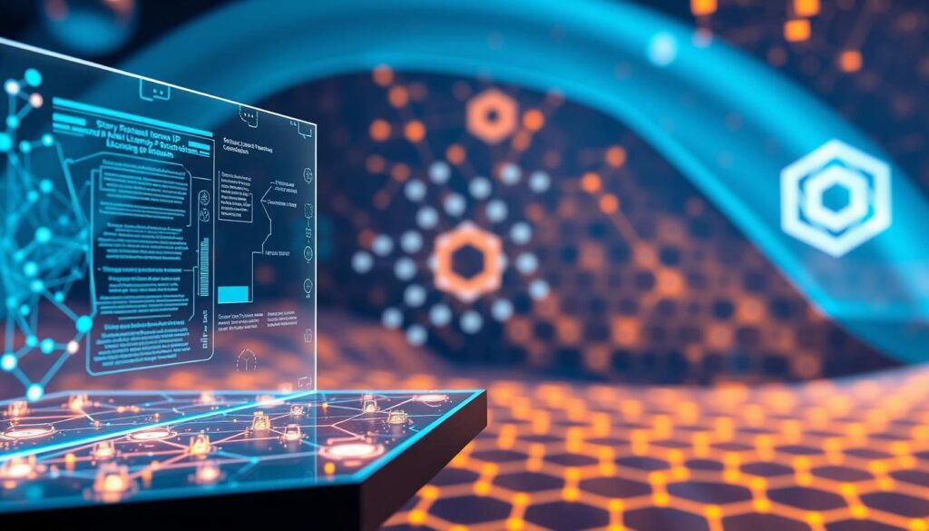 A futuristic scene depicting the "Story Protocol (IP): programmable IP and AI model licensing on-chain". In the foreground, a sleek, holographic blockchain interface displays intricate smart contracts and licensing agreements. The middle ground features a luminous, ethereal network of interconnected nodes, symbolizing the decentralized infrastructure. In the background, a vibrant, abstract landscape of hexagons and geometric patterns represents the programmable IP ecosystem. The lighting is a harmonious blend of cool, blue tones and warm, orange hues, creating an atmosphere of technological innovation and intellectual property integration. The camera angle is slightly elevated, providing a comprehensive, panoramic view of the scene.