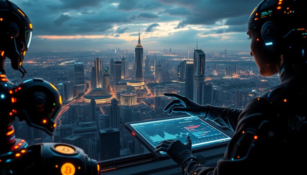 A futuristic scene depicting the inner workings of an AI-powered cryptocurrency trading algorithm. In the foreground, a series of intricate trading bots and algorithms operate autonomously, their complex lines of code and data visualizations illuminating the scene. In the middle ground, a sleek, holographic control panel displays real-time market data and trading strategies, manipulated by the skilled hands of a crypto trader. The background is a panoramic view of a bustling financial district, skyscrapers and data centers against a moody, neon-tinged sky, hinting at the scale and power of the automated trading ecosystem. The lighting is dramatic, with sharp shadows and highlights emphasizing the technological sophistication of the scene.
