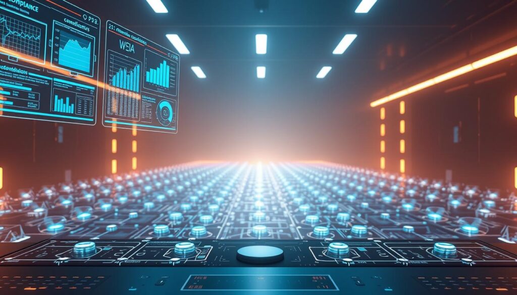 A futuristic scene of blockchain compliance automation tools, captured in a cinematic wide-angle view. In the foreground, a series of dynamic, holographic user interfaces hovering above a sleek, minimalist control panel. Transparent data visualizations and interactive dashboards display real-time compliance metrics and analytics. In the middle ground, a network of interconnected blockchain nodes, their distributed ledgers gleaming with cryptographic security. The background is shrouded in a soft, ambient glow, conveying a sense of technological sophistication and regulatory oversight. The lighting is crisp and directional, creating depth and dimensionality. The overall mood is one of efficiency, transparency, and control within the complex world of blockchain governance.