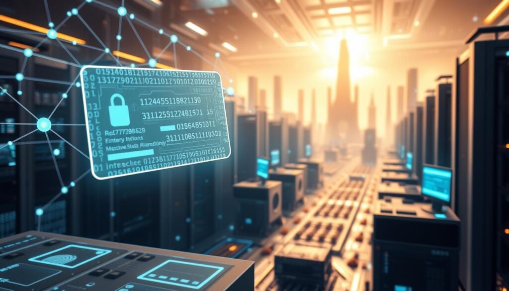 A futuristic, technologically-advanced blockchain identity implementation. In the foreground, a sleek, minimalist digital identity card hovers, its surface emanating a soft, holographic glow. Surrounding it, a complex network of interconnected nodes and data streams, each pulsing with encrypted information. In the middle ground, an array of biometric scanners and authentication devices, their interfaces casting an ethereal, blue-tinted light. The background is a vast, three-dimensional landscape of towering data centers and futuristic architecture, bathed in a warm, ambient glow that suggests a sense of security and trust. The overall atmosphere conveys a powerful, cutting-edge solution for secure digital identity management.