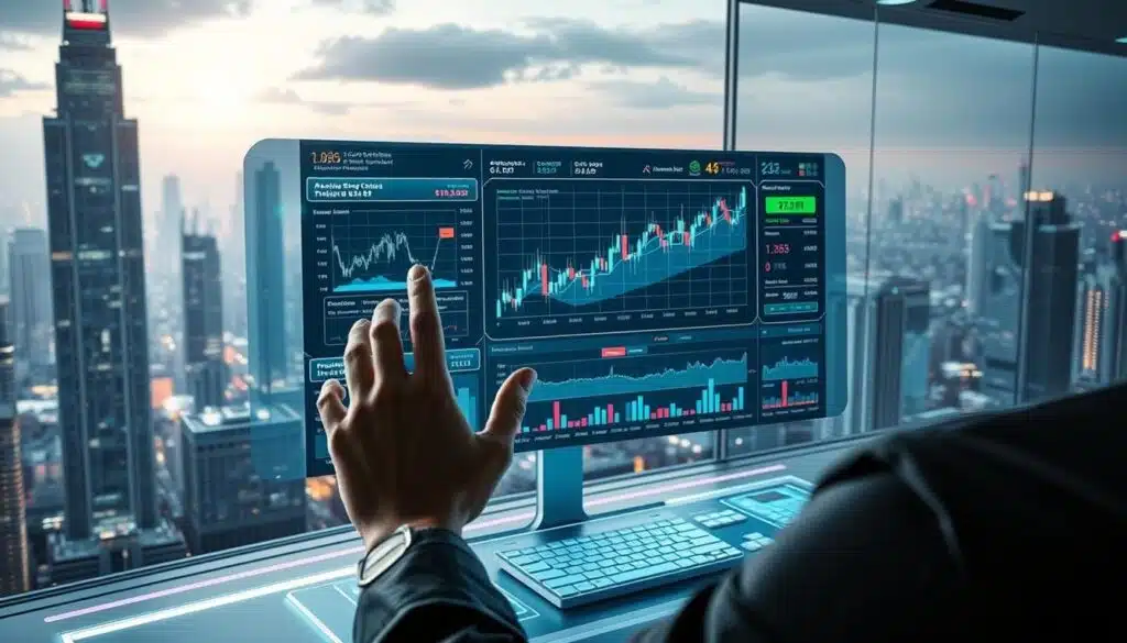 A futuristic trading interface with advanced charting tools, order books, and market indicators displayed on sleek holographic displays. The foreground features a user interacting with the interface using gesture-based controls, surrounded by a minimalist, high-tech workspace. The background showcases a cityscape of towering skyscrapers and a dazzling skyline, bathed in a cool, neon-infused lighting. The atmosphere conveys a sense of cutting-edge technology, efficiency, and the thrill of active trading in the digital age.