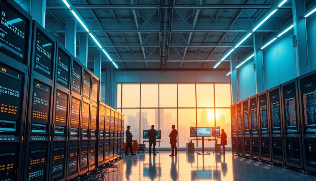 A futuristic, well-lit warehouse interior with a minimalist, high-tech aesthetic. In the foreground, a series of interconnected blockchain nodes and servers hum with activity, their LED lights casting a soft glow. In the middle ground, a team of finance professionals monitor interactive dashboards, tracking the real-time flow of trade finance transactions. The background features floor-to-ceiling windows, revealing a modern cityscape bathed in golden hour sunlight. The overall atmosphere conveys a sense of efficiency, transparency, and the seamless integration of blockchain technology into financial services.
