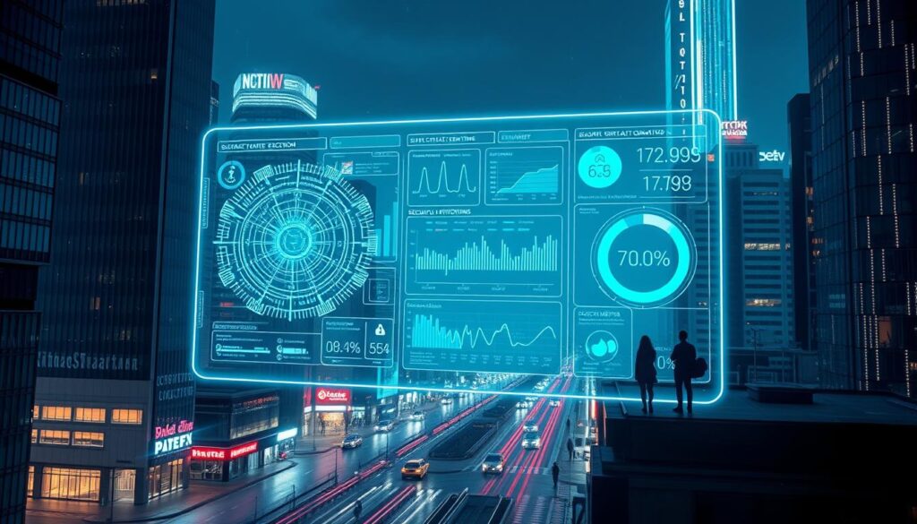 A gleaming, futuristic cityscape at night, with sleek skyscrapers and neon-lit streets. In the foreground, a transparent interface hovers, displaying intricate diagrams and data visualizations of smart contract execution, security metrics, and protocol health monitoring. Holographic figures move around the interface, examining the information with intense focus. The background is bathed in a cool, cyberpunk-inspired glow, with occasional flashes of code cascading across the buildings. The overall impression is one of cutting-edge technology, vigilance, and the relentless pursuit of DeFi protocol defense.