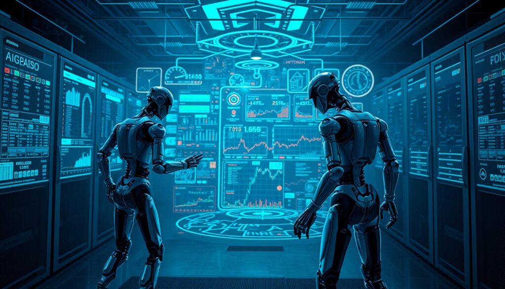 A group of AI-powered software agents, operating in a dynamic crypto trading environment. In the foreground, the agents are represented as sleek, angular humanoid figures, their robotic limbs and circuits visible through transparent casings. They move with precise, calculated motions, analyzing vast streams of market data projected around them. In the middle ground, a complex network of interconnected screens and holographic displays, visualizing the ebb and flow of cryptocurrency prices, trading volumes, and predictive algorithms. The background is shrouded in a muted, industrial palette, with the faint glow of server racks and the soft hum of high-performance computing hardware, creating an atmosphere of technological intensity and strategic decision-making.