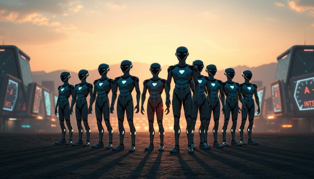 A group of autonomous software agents, each with a distinct visual identity, standing in a futuristic landscape. The agents are depicted as humanoid figures with sleek, minimalist designs, their bodies composed of geometric shapes and accented by glowing highlights. They are positioned against a backdrop of gleaming architectural structures, vibrant holographic displays, and a subtly lit sky that conveys a sense of advanced technology and innovation. The lighting is dramatic, casting long shadows and highlighting the agents' dynamic poses, conveying a sense of purposeful motion and collaboration. The overall scene suggests the power and potential of Fetch.ai's autonomous agents within a thriving digital ecosystem.