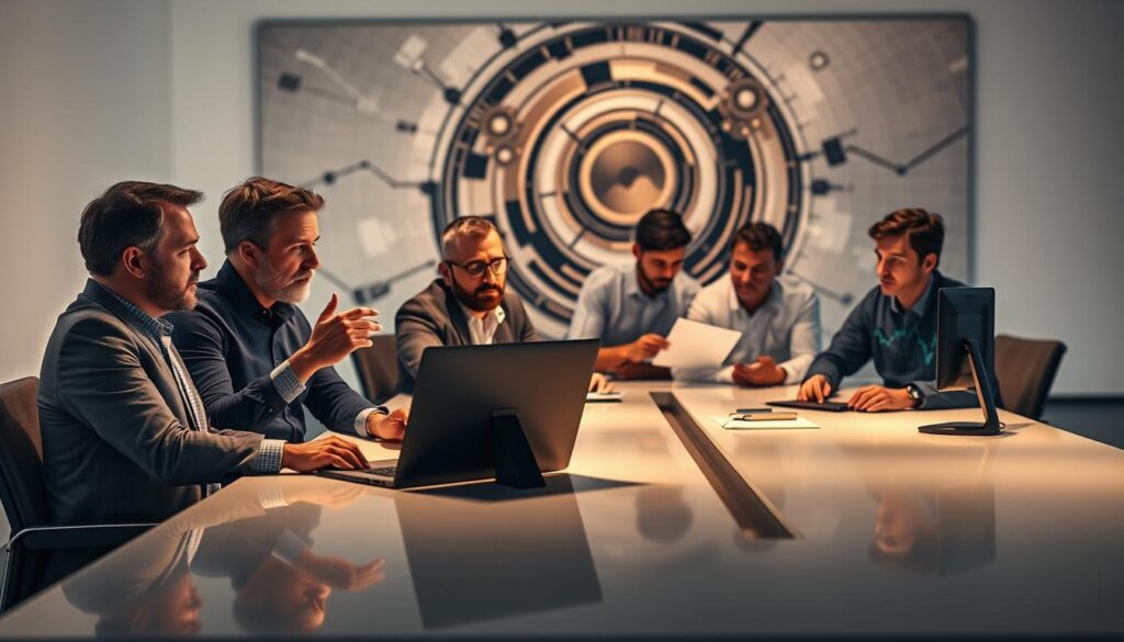 A group of top crypto analysts seated around a sleek, modern studio table, illuminated by warm, flattering lighting that accentuates their focused expressions. In the foreground, three industry-leading experts engage in an animated discussion, gesturing emphatically as they analyze the latest market trends on high-resolution displays. In the middle ground, additional analysts take notes and review data, their faces reflecting deep contemplation. The background showcases a minimalist, yet sophisticated studio setting, with a backdrop of abstract crypto-inspired artwork, conveying an atmosphere of authority and expertise.