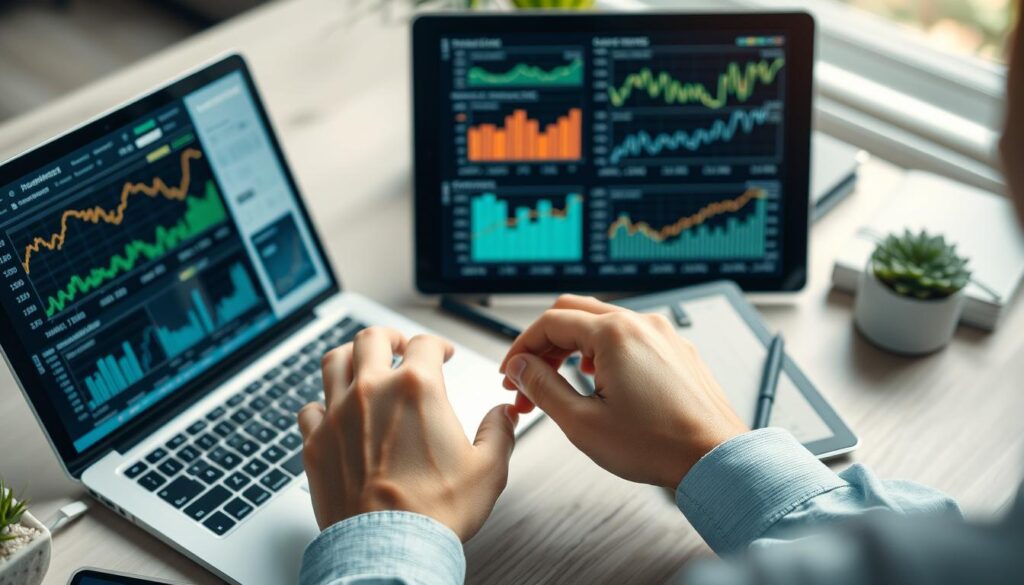 A high-angle view of a well-lit workspace, with a laptop, tablet, and various financial charts and graphs displayed on the screen. In the foreground, a person's hands carefully evaluating the performance metrics of different yield farming platforms. Soft, directional lighting creates a professional, analytical atmosphere. The background is slightly blurred, emphasizing the focal point of the analysis. Subtle textures and details in the workspace add a sense of depth and realism to the scene. A high-angle view of a well-lit workspace, with a laptop, tablet, and various financial charts and graphs displayed on the screen. In the foreground, a person's hands carefully evaluating the performance metrics of different yield farming platforms. Soft, directional lighting creates a professional, analytical atmosphere. The background is slightly blurred, emphasizing the focal point of the analysis. Subtle textures and details in the workspace add a sense of depth and realism to the scene.
