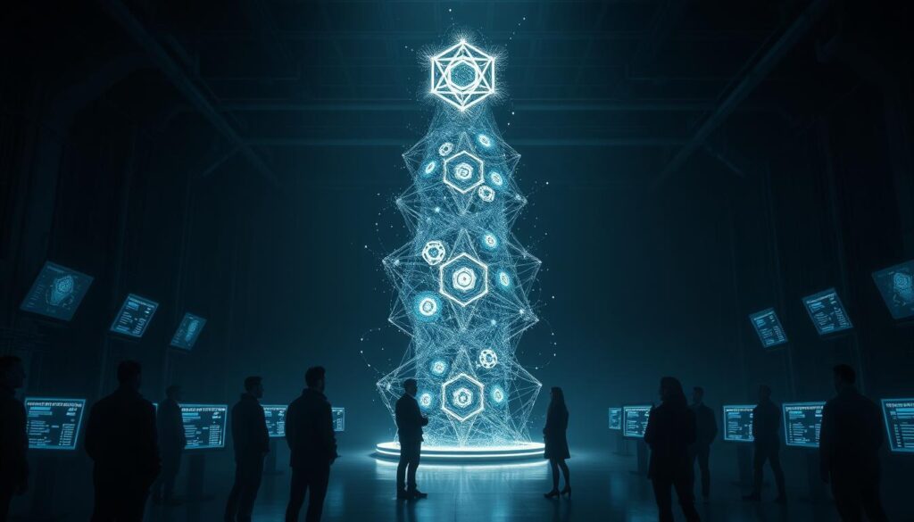 A high-contrast, cinematic depiction of the Proof of Stake validator selection process. In the foreground, a group of validators stand in a dimly lit, industrial-style room, their faces illuminated by the glow of holographic displays showcasing blockchain transaction data. In the middle ground, a towering, abstract visualization of the consensus mechanism pulses with energy, its intricate fractal patterns casting dynamic shadows on the walls. The background is shrouded in darkness, hinting at the complexity and scale of the decentralized network. The overall atmosphere is one of technological sophistication and the weight of responsibility shouldered by the validators tasked with maintaining the integrity of the blockchain. A high-contrast, cinematic depiction of the Proof of Stake validator selection process. In the foreground, a group of validators stand in a dimly lit, industrial-style room, their faces illuminated by the glow of holographic displays showcasing blockchain transaction data. In the middle ground, a towering, abstract visualization of the consensus mechanism pulses with energy, its intricate fractal patterns casting dynamic shadows on the walls. The background is shrouded in darkness, hinting at the complexity and scale of the decentralized network. The overall atmosphere is one of technological sophistication and the weight of responsibility shouldered by the validators tasked with maintaining the integrity of the blockchain.