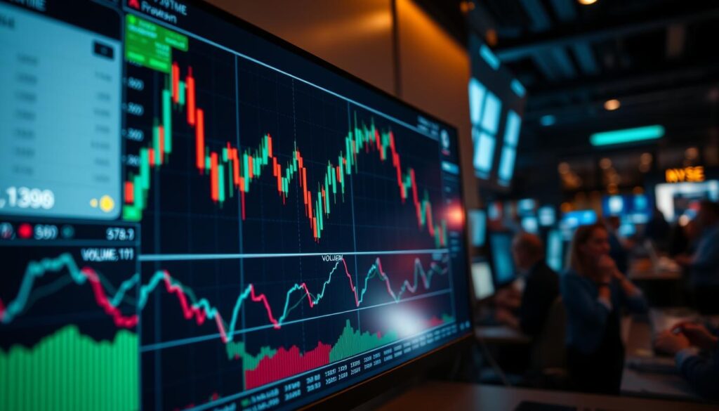 A high-contrast, close-up view of a computer monitor displaying various financial charts and indicators. The screen shows a candlestick chart with clear breakout patterns, trend lines, and volume spikes, highlighting the relationship between price action and trading volume. The foreground features detailed visualizations of volume profile and volume-weighted average price, while the background subtly depicts a stock market trading floor with traders and analysts examining data. The lighting is dramatic, with a mix of warm and cool tones to convey the intensity and importance of the analysis. The overall atmosphere is one of focused, analytical decision-making in the face of market volatility. A high-contrast, close-up view of a computer monitor displaying various financial charts and indicators. The screen shows a candlestick chart with clear breakout patterns, trend lines, and volume spikes, highlighting the relationship between price action and trading volume. The foreground features detailed visualizations of volume profile and volume-weighted average price, while the background subtly depicts a stock market trading floor with traders and analysts examining data. The lighting is dramatic, with a mix of warm and cool tones to convey the intensity and importance of the analysis. The overall atmosphere is one of focused, analytical decision-making in the face of market volatility.