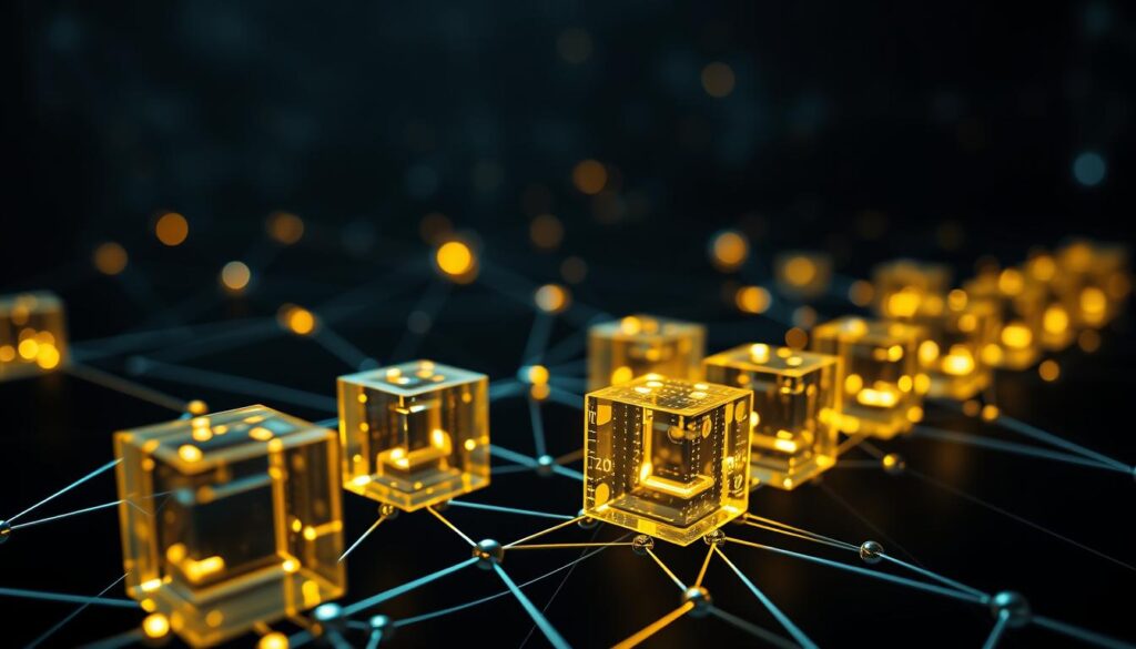 A high-contrast, close-up view of a distributed ledger system, showcasing the intricate network of interconnected blockchain blocks. The foreground depicts a series of translucent, glowing cubes representing individual blockchain transactions, meticulously recorded and time-stamped. The middle ground features a web of luminous lines and nodes, illustrating the decentralized architecture of the blockchain infrastructure. In the background, a dark, abstract backdrop evokes the secure, immutable nature of the blockchain, with subtle highlights suggesting the underlying cryptographic principles. The overall composition conveys a sense of precision, transparency, and the unbreakable integrity of the recorded data.