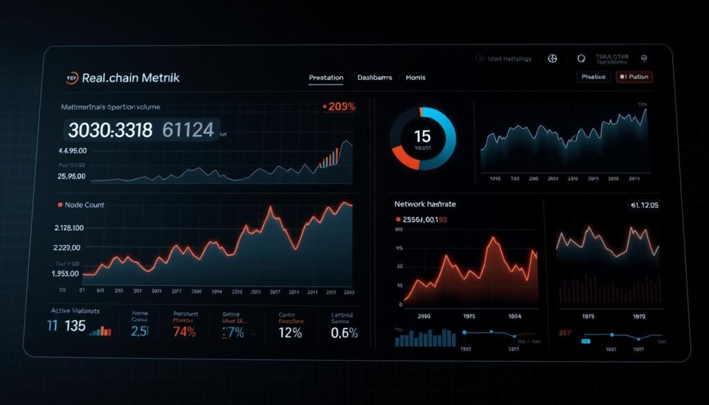 A high-contrast, data-driven visualization of a blockchain network's real-time activity metrics. A sleek, minimalist dashboard display illuminates key statistics such as transaction volume, network hashrate, node count, and active wallet addresses - all presented against a dark backdrop with a subtle grid pattern. Glowing, neon-infused charts and graphs convey the dynamic, ever-evolving nature of the blockchain, while a central focal point showcases the most critical metrics. Crisp, high-resolution textures, a moody, futuristic color palette, and cinematic camera angles evoke the cutting-edge, technological essence of the cryptocurrency market.