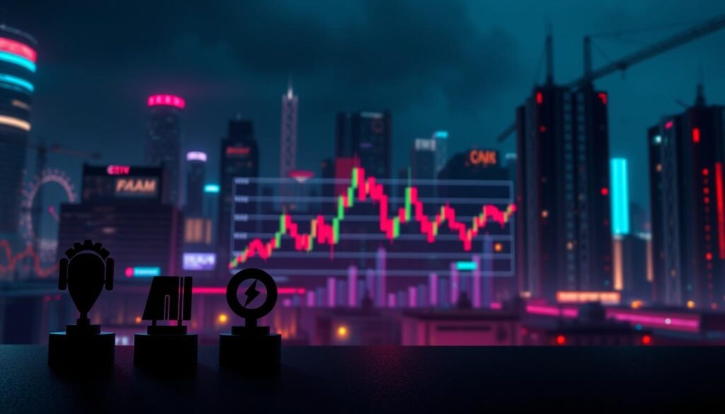 A high-contrast digital illustration depicting the core technical indicator categories used in cryptocurrency market analysis. In the foreground, distinct icons or symbols represent the key indicator types such as momentum, trend, volatility, and volume. The middle ground shows a stylized chart or graph displaying these indicators in action. The background features a moody, industrial-inspired cityscape rendered in a neon color palette, hinting at the fast-paced, technology-driven nature of the crypto markets. Dramatic lighting and a cinematic camera angle add depth and drama to the scene, creating an impactful visual that showcases the essential analytical tools of the cryptocurrency trading ecosystem. A high-contrast digital illustration depicting the core technical indicator categories used in cryptocurrency market analysis. In the foreground, distinct icons or symbols represent the key indicator types such as momentum, trend, volatility, and volume. The middle ground shows a stylized chart or graph displaying these indicators in action. The background features a moody, industrial-inspired cityscape rendered in a neon color palette, hinting at the fast-paced, technology-driven nature of the crypto markets. Dramatic lighting and a cinematic camera angle add depth and drama to the scene, creating an impactful visual that showcases the essential analytical tools of the cryptocurrency trading ecosystem.