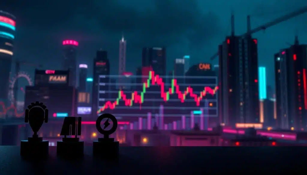A high-contrast digital illustration depicting the core technical indicator categories used in cryptocurrency market analysis. In the foreground, distinct icons or symbols represent the key indicator types such as momentum, trend, volatility, and volume. The middle ground shows a stylized chart or graph displaying these indicators in action. The background features a moody, industrial-inspired cityscape rendered in a neon color palette, hinting at the fast-paced, technology-driven nature of the crypto markets. Dramatic lighting and a cinematic camera angle add depth and drama to the scene, creating an impactful visual that showcases the essential analytical tools of the cryptocurrency trading ecosystem. A high-contrast digital illustration depicting the core technical indicator categories used in cryptocurrency market analysis. In the foreground, distinct icons or symbols represent the key indicator types such as momentum, trend, volatility, and volume. The middle ground shows a stylized chart or graph displaying these indicators in action. The background features a moody, industrial-inspired cityscape rendered in a neon color palette, hinting at the fast-paced, technology-driven nature of the crypto markets. Dramatic lighting and a cinematic camera angle add depth and drama to the scene, creating an impactful visual that showcases the essential analytical tools of the cryptocurrency trading ecosystem.