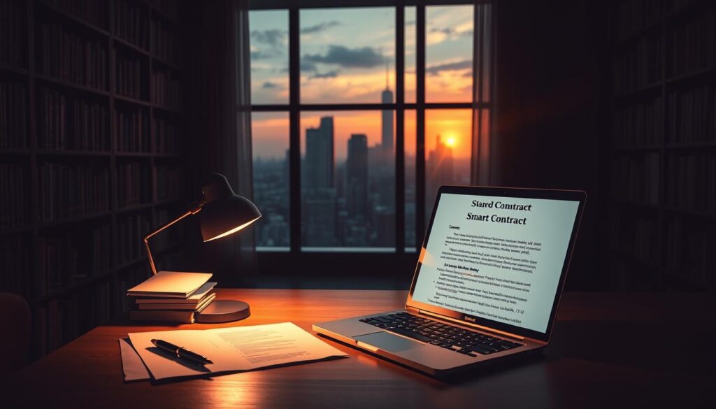 A high-contrast, dramatic interior scene of a modern law office. In the foreground, a desk with a laptop, pen, and stack of legal documents, illuminated by a single desk lamp casting warm light. Behind it, a wall-to-wall bookshelf filled with law books, casting dramatic shadows. In the middle ground, a large window overlooking a city skyline, with the setting sun casting an orange glow. The atmosphere is one of serious contemplation and diligent research, as a lawyer ponders the legal implications of a smart contract on the laptop screen.