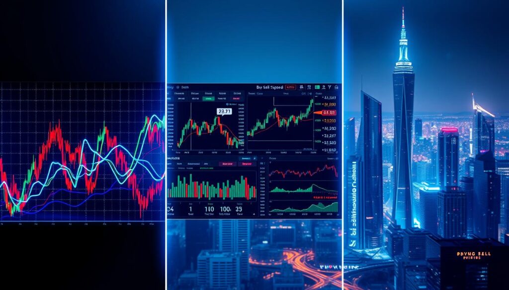 A high-contrast, hyper-realistic image of three distinct arbitrage trading strategies showcased in a triptych layout. The foreground features a dynamic, colorful visualization of the buy-sell spread, with price fluctuations depicted through a series of overlapping line graphs. The middle ground showcases intricate financial data dashboards, complete with real-time market data, algorithmic trading signals, and complex formulas. The background depicts a futuristic cityscape, with towering skyscrapers and a pulsing, neon-lit skyline, symbolizing the fast-paced, technology-driven world of cryptocurrency trading. The overall scene is bathed in a cool, blue-tinted lighting, creating a sense of precision, intensity, and technological prowess.