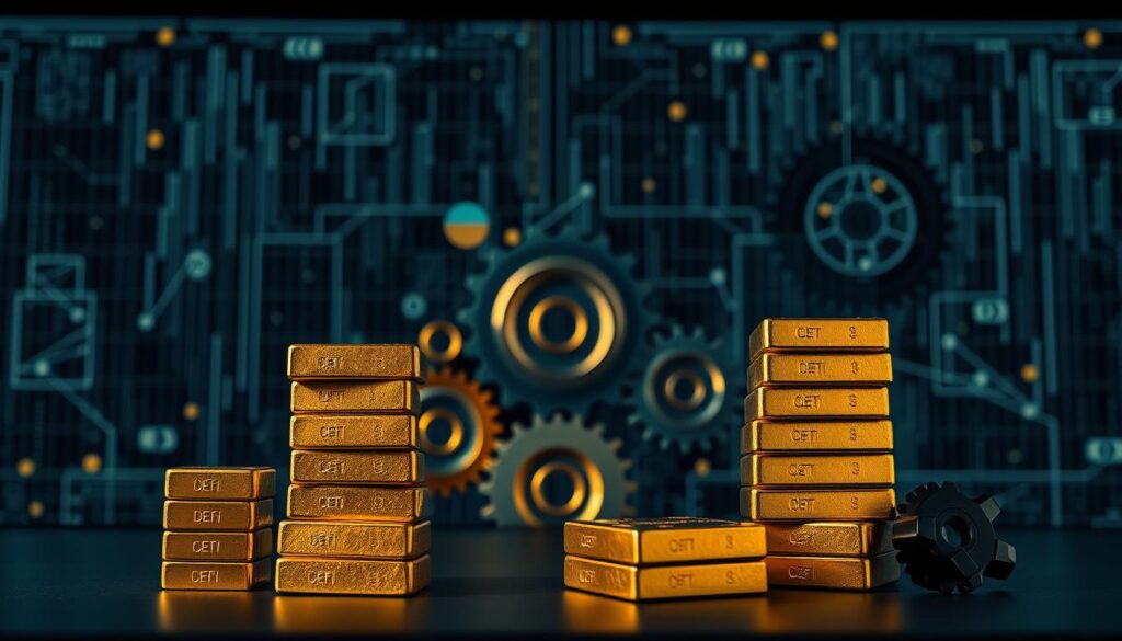 A high-contrast scene depicting the dichotomy between decentralized finance (DeFi) and centralized finance (CeFi). In the foreground, two stacks of gold bars represent the lending rates and risks of each system - the DeFi stack is taller and more unstable, while the CeFi stack is shorter but more solid. In the middle ground, a series of gears and cogs symbolize the complex mechanisms underlying these financial ecosystems. The background is a abstract grid of data lines and blockchain symbols, conveying the technological foundations of crypto lending. The overall mood is one of analytical tension, with dramatic chiaroscuro lighting highlighting the key visual elements. A high-contrast scene depicting the dichotomy between decentralized finance (DeFi) and centralized finance (CeFi). In the foreground, two stacks of gold bars represent the lending rates and risks of each system - the DeFi stack is taller and more unstable, while the CeFi stack is shorter but more solid. In the middle ground, a series of gears and cogs symbolize the complex mechanisms underlying these financial ecosystems. The background is a abstract grid of data lines and blockchain symbols, conveying the technological foundations of crypto lending. The overall mood is one of analytical tension, with dramatic chiaroscuro lighting highlighting the key visual elements.