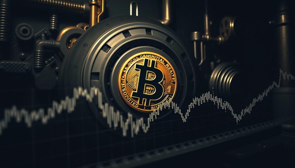 A high-contrast, technical analysis chart depicting the breakout potential of Bitcoin's resistance levels. In the foreground, a detailed line graph shows the cryptocurrency's recent price movements, with key resistance levels clearly marked. The middle ground features a 3D isometric visualization of the Bitcoin logo, its facets reflecting the analytical data. The background is a moody, industrial-style setting, with gears, circuits, and metallic textures hinting at the complex financial mechanisms underlying the digital asset. Dramatic lighting casts deep shadows, adding depth and intensity to the scene. The overall atmosphere conveys a sense of analytical rigor and the potential for a significant Bitcoin price breakout.