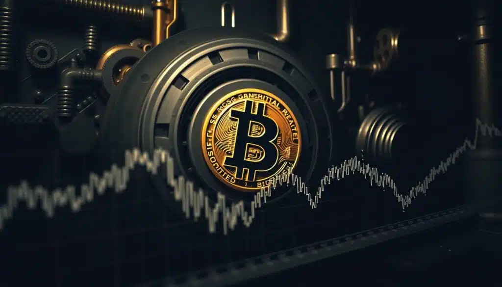 A high-contrast, technical analysis chart depicting the breakout potential of Bitcoin's resistance levels. In the foreground, a detailed line graph shows the cryptocurrency's recent price movements, with key resistance levels clearly marked. The middle ground features a 3D isometric visualization of the Bitcoin logo, its facets reflecting the analytical data. The background is a moody, industrial-style setting, with gears, circuits, and metallic textures hinting at the complex financial mechanisms underlying the digital asset. Dramatic lighting casts deep shadows, adding depth and intensity to the scene. The overall atmosphere conveys a sense of analytical rigor and the potential for a significant Bitcoin price breakout. A high-contrast, technical analysis chart depicting the breakout potential of Bitcoin's resistance levels. In the foreground, a detailed line graph shows the cryptocurrency's recent price movements, with key resistance levels clearly marked. The middle ground features a 3D isometric visualization of the Bitcoin logo, its facets reflecting the analytical data. The background is a moody, industrial-style setting, with gears, circuits, and metallic textures hinting at the complex financial mechanisms underlying the digital asset. Dramatic lighting casts deep shadows, adding depth and intensity to the scene. The overall atmosphere conveys a sense of analytical rigor and the potential for a significant Bitcoin price breakout.