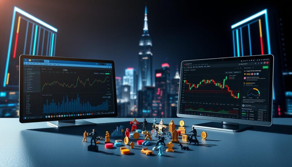 A high-contrast, technical illustration showcasing a head-to-head comparison of two leading crypto trading platforms, TradingView and Cryptowatch. In the foreground, sleek user interfaces and dashboards are displayed side-by-side, highlighting their respective analytics and charting tools. In the middle ground, miniature representations of various crypto assets are scattered, suggesting the platforms' comprehensive market coverage. The background features a futuristic, neon-lit cityscape, conveying the dynamic nature of the crypto trading landscape. The composition is lit by dramatic, directional lighting, creating a sense of depth and emphasizing the platforms' key features. The overall mood is one of sophistication, efficiency, and cutting-edge technology.