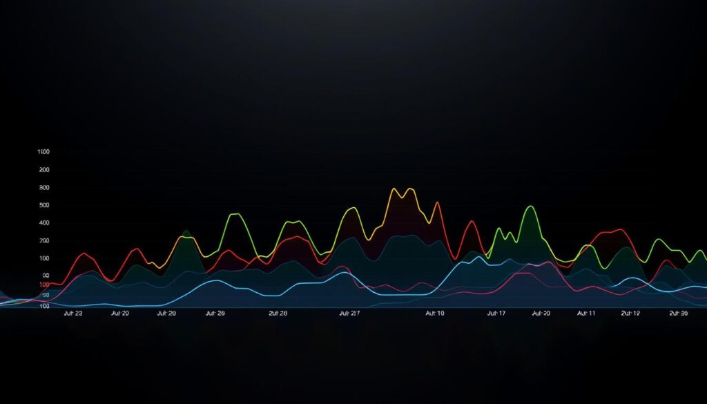 A high-contrast visualization depicting the trading volume comparison between Bitcoin and various altcoins. The foreground showcases a series of colorful, dynamic line graphs charting the fluctuating trading volumes over time, with Bitcoin's data represented in a bold, metallic hue and the altcoins in a vibrant array of contrasting shades. The middle ground features a subtle, minimalist grid structure to provide context and scale, while the background is a sleek, dark gradient that heightens the focus on the data visualization. The overall composition is sleek, modern, and data-driven, conveying a sense of analytical clarity and financial insight.