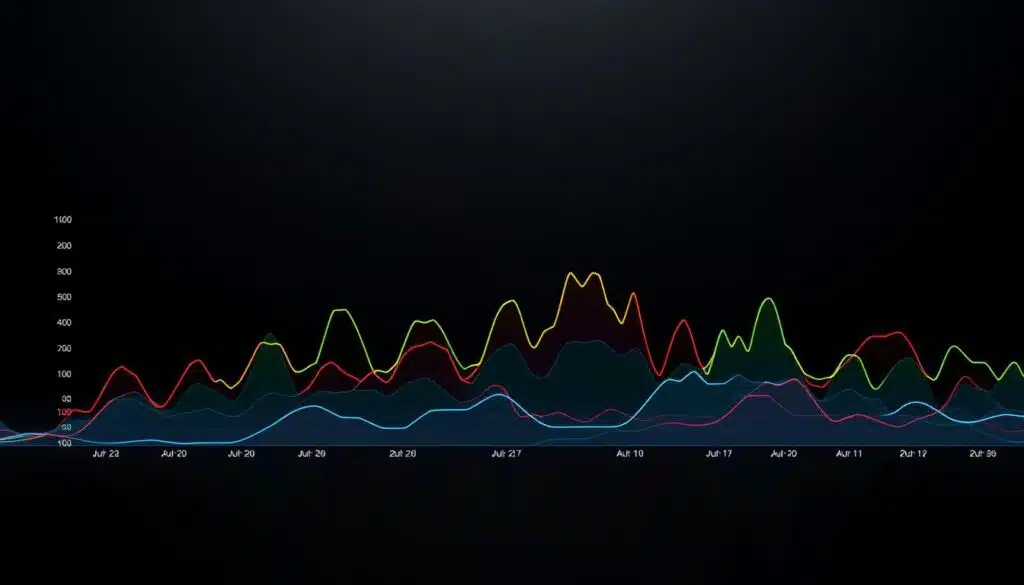 A high-contrast visualization depicting the trading volume comparison between Bitcoin and various altcoins. The foreground showcases a series of colorful, dynamic line graphs charting the fluctuating trading volumes over time, with Bitcoin's data represented in a bold, metallic hue and the altcoins in a vibrant array of contrasting shades. The middle ground features a subtle, minimalist grid structure to provide context and scale, while the background is a sleek, dark gradient that heightens the focus on the data visualization. The overall composition is sleek, modern, and data-driven, conveying a sense of analytical clarity and financial insight.