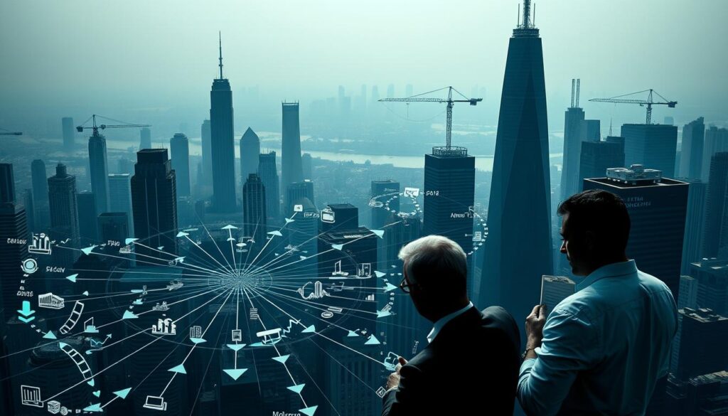 A high-contrast, wide-angle view of a bustling financial hub, with towering skyscrapers and cranes dotting the skyline. In the foreground, a detailed visualization of institutional crypto investment flows, depicting a complex network of arrows, charts, and data points. The middle ground showcases institutional investors, traders, and analysts engaged in intense discussions, their expressions focused and determined. The background is a hazy, atmospheric blend of blues and grays, conveying a sense of scale and the weight of global economic forces. Crisp lighting casts dramatic shadows, adding depth and drama to the scene. The overall composition suggests the profound influence of institutional players on the trajectory of Bitcoin and the broader cryptocurrency market.