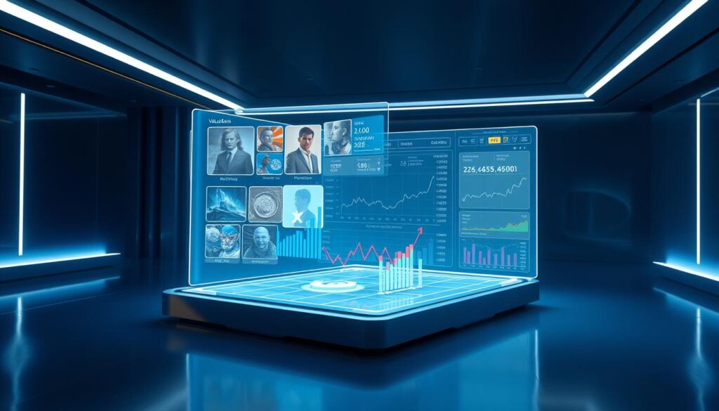 A high-fidelity 3D render of an NFT market analysis and valuation display. The foreground shows a holographic projection of various NFT artworks, their prices, and market trends. The middle ground features a sleek, minimalist dashboard with real-time data visualizations, charts, and interactive controls. The background depicts a futuristic, high-tech environment with clean lines, reflective surfaces, and a dimly lit, moody atmosphere. Soft, directional lighting illuminates the scene, casting dramatic shadows and highlights. The overall impression is one of a sophisticated, data-driven analysis of the dynamic NFT market.