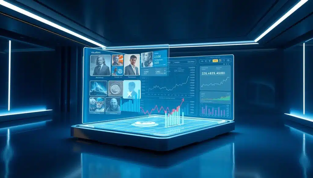 A high-fidelity 3D render of an NFT market analysis and valuation display. The foreground shows a holographic projection of various NFT artworks, their prices, and market trends. The middle ground features a sleek, minimalist dashboard with real-time data visualizations, charts, and interactive controls. The background depicts a futuristic, high-tech environment with clean lines, reflective surfaces, and a dimly lit, moody atmosphere. Soft, directional lighting illuminates the scene, casting dramatic shadows and highlights. The overall impression is one of a sophisticated, data-driven analysis of the dynamic NFT market.