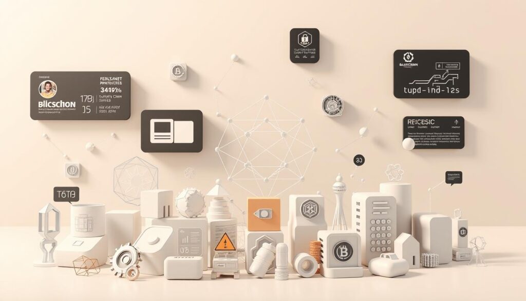 A high-fidelity, photorealistic 3D rendering of various blockchain applications and use cases, set against a clean, minimalist background. In the foreground, a diverse array of blockchain-powered services are displayed, such as digital identity management, secure data storage, supply chain tracking, and peer-to-peer transactions. The middle ground features abstract geometric shapes and patterns, representing the underlying blockchain architecture. The background is a soft, muted gradient, creating a sense of depth and focus on the central elements. Lighting is natural and diffused, emphasizing the sleek, modern aesthetic. The overall composition conveys the versatility and real-world applications of immutable blockchain technology. A high-fidelity, photorealistic 3D rendering of various blockchain applications and use cases, set against a clean, minimalist background. In the foreground, a diverse array of blockchain-powered services are displayed, such as digital identity management, secure data storage, supply chain tracking, and peer-to-peer transactions. The middle ground features abstract geometric shapes and patterns, representing the underlying blockchain architecture. The background is a soft, muted gradient, creating a sense of depth and focus on the central elements. Lighting is natural and diffused, emphasizing the sleek, modern aesthetic. The overall composition conveys the versatility and real-world applications of immutable blockchain technology.