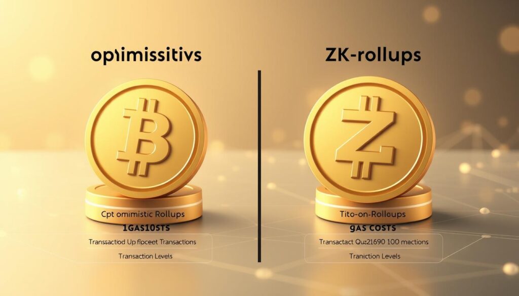 A high-key, professional-looking digital illustration depicting a head-to-head comparison of optimistic rollups and zk-rollups blockchain scaling solutions. The foreground features two distinct blockchain icons, one representing optimistic rollups and the other zk-rollups, with clean, modern design. The middle ground showcases technical details like transaction speeds, gas costs, and security levels in a side-by-side format. The background subtly implies the blockchain ecosystem, with a soft, ethereal glow and minimal geometric patterns. The overall composition conveys a sense of technological advancement, innovation, and informed decision-making.