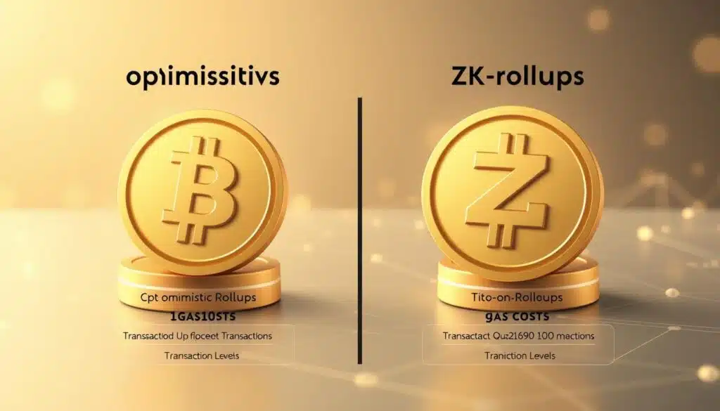 A high-key, professional-looking digital illustration depicting a head-to-head comparison of optimistic rollups and zk-rollups blockchain scaling solutions. The foreground features two distinct blockchain icons, one representing optimistic rollups and the other zk-rollups, with clean, modern design. The middle ground showcases technical details like transaction speeds, gas costs, and security levels in a side-by-side format. The background subtly implies the blockchain ecosystem, with a soft, ethereal glow and minimal geometric patterns. The overall composition conveys a sense of technological advancement, innovation, and informed decision-making.