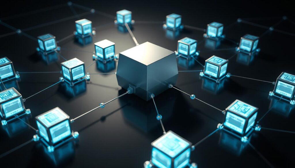 A high-quality 3D rendering of an enterprise blockchain consensus mechanism, featuring a central node representing the blockchain network, surrounded by several distributed nodes connected through a complex web of digital transactions. The nodes are rendered in a metallic, futuristic style, casting sharp shadows and reflections on a dark, moody background. The lighting is dramatic, with a cool, blue-tinted hue emanating from the nodes, creating an atmosphere of technological sophistication and robust security. The composition emphasizes the interconnectedness and decentralized nature of the blockchain system, conveying the Practical Byzantine Fault Tolerance (PBFT) consensus mechanism in a visually striking and informative manner.